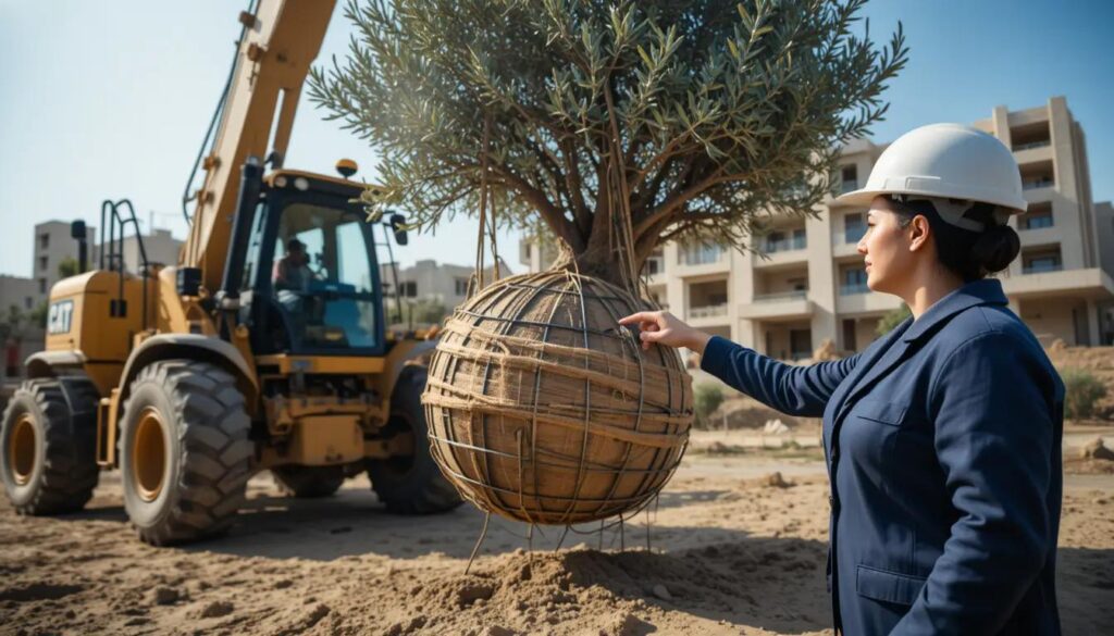 Heavy machinery carefully relocating a mature olive tree with its large root ball