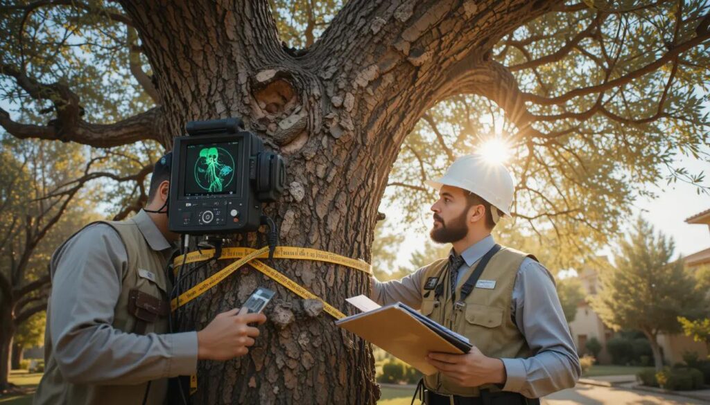 Professional arborist conducting comprehensive tree safety assessment in Israeli residential area