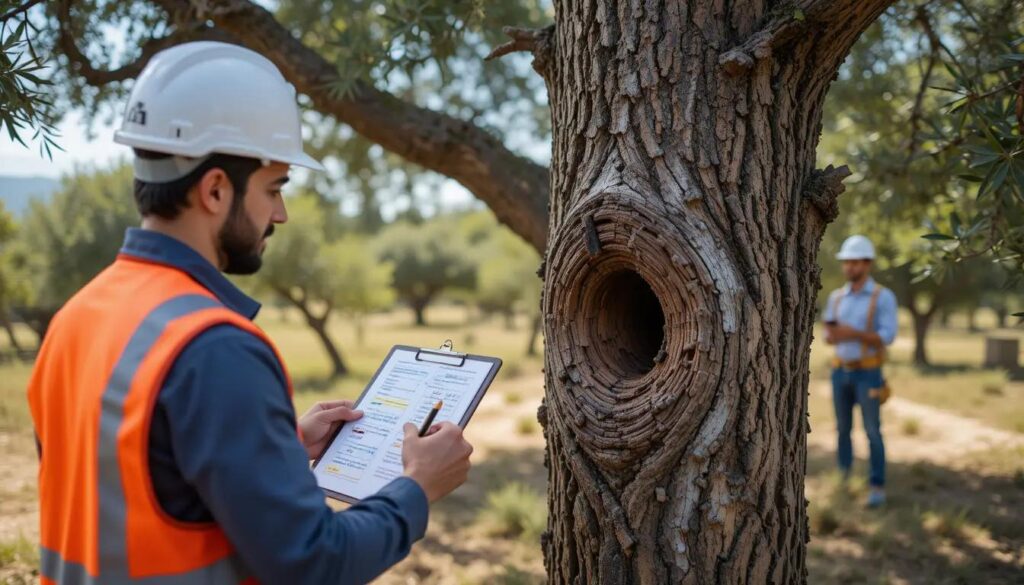 Professional agronomist conducting comprehensive tree assessment on residential property