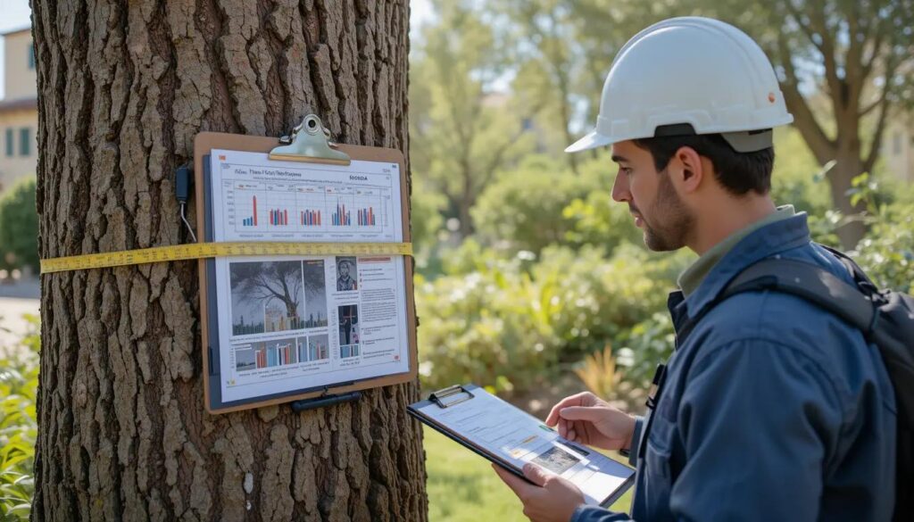 Professional arborist conducting long-term tree health monitoring in Israeli urban setting