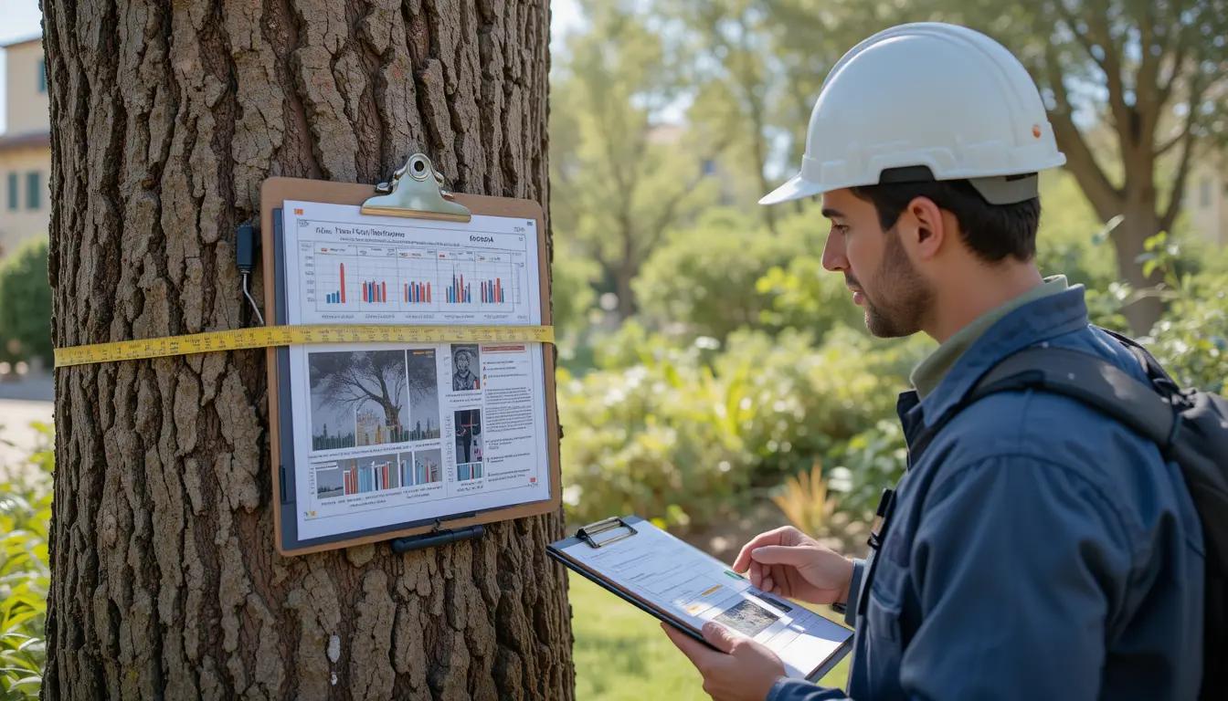 Professional arborist conducting long-term tree health monitoring in Israeli urban setting