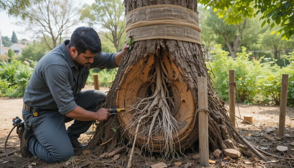 Professional arborist preparing mature tree for relocation in Israeli residential setting