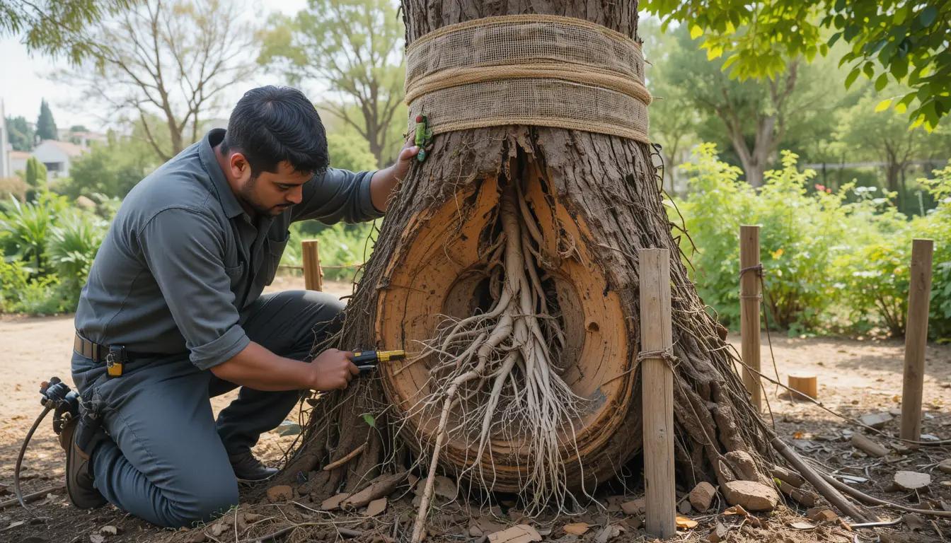 Professional arborist preparing mature tree for relocation in Israeli residential setting