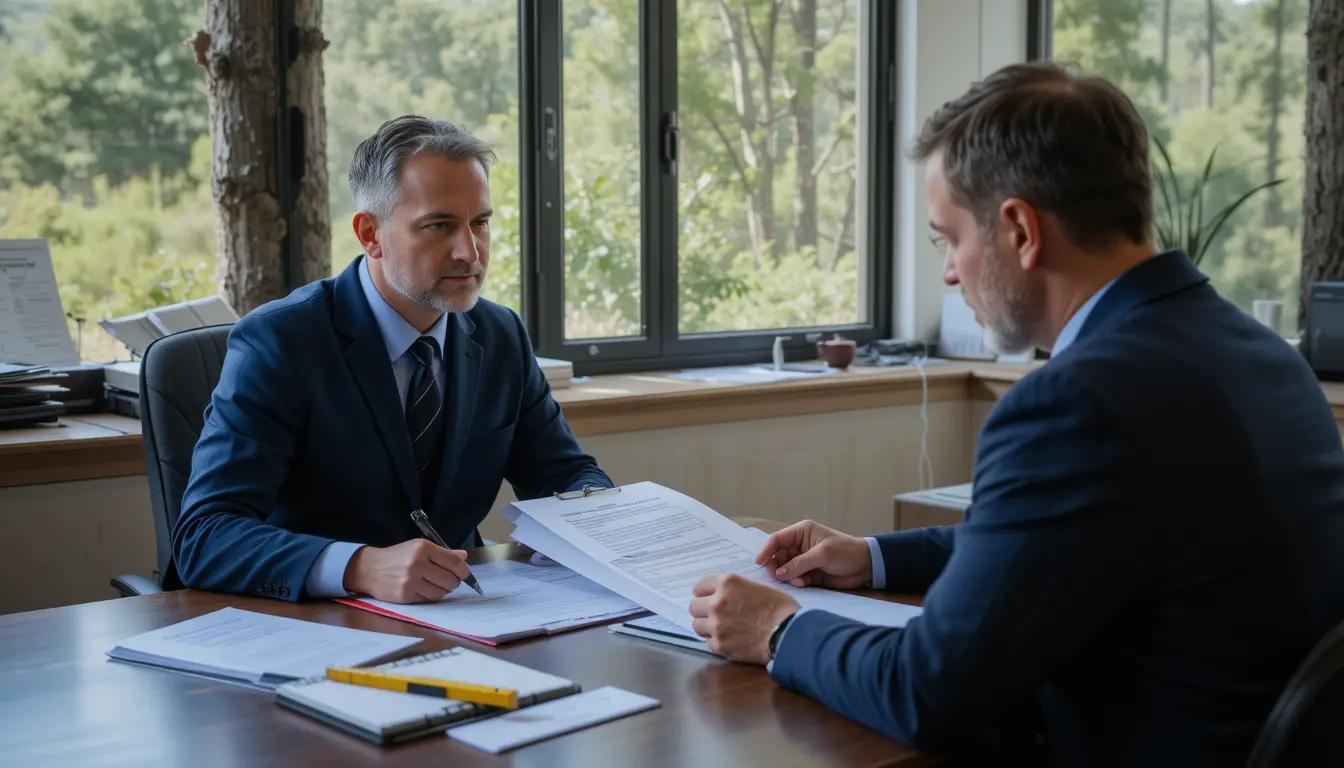 agronomist reviewing tree cutting permit documents with client at office desk