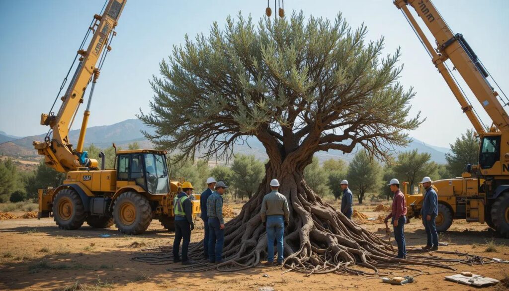 arboricultural team carefully relocating ancient olive tree with specialized heavy machinery