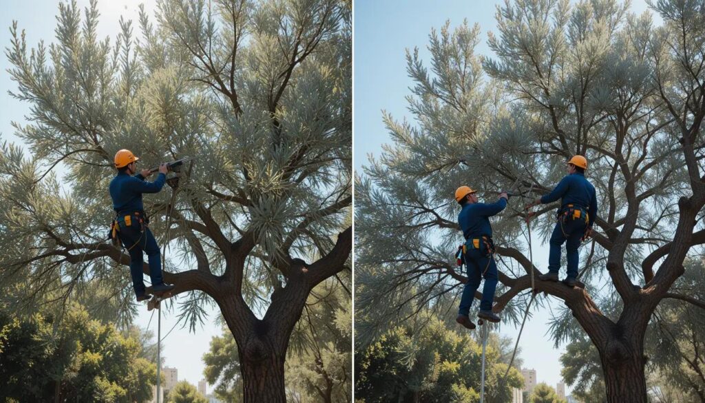 arborist team performing controlled tree pruning in Israeli urban setting