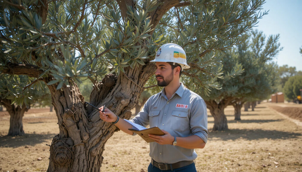 Agronomist measuring ancient olive Israel