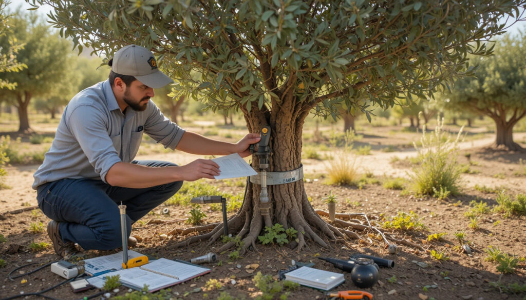 Arborist inspecting olive tree irrigation Israel