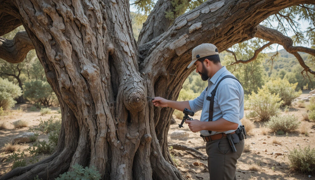 Arborist measuring protected oak Israel