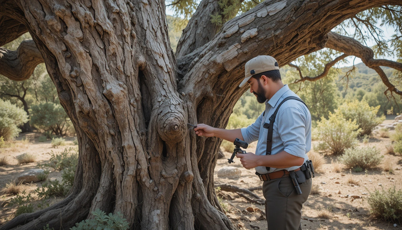 Arborist measuring protected oak Israel