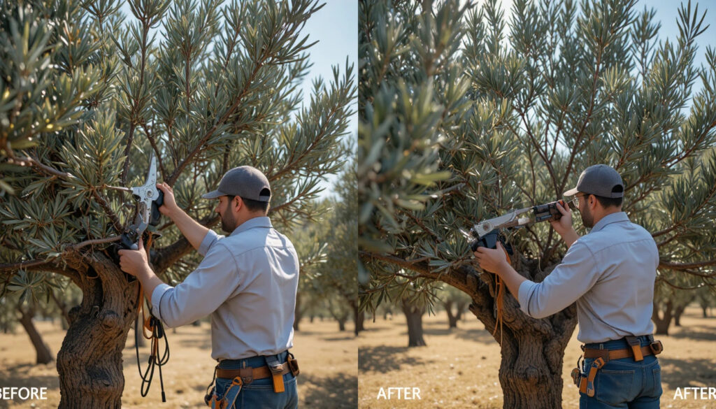 Arborist pruning olive tree Israel