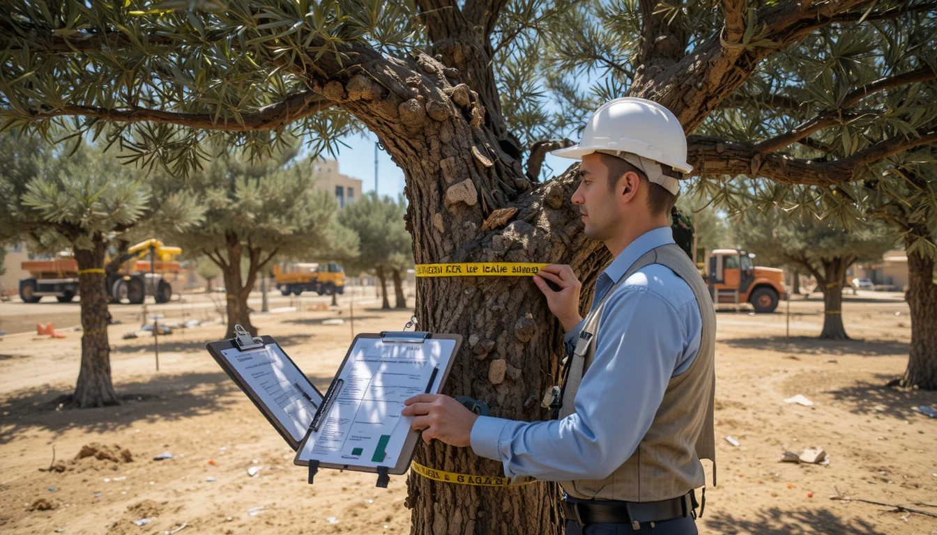 Arborist surveying olive tree Israel
