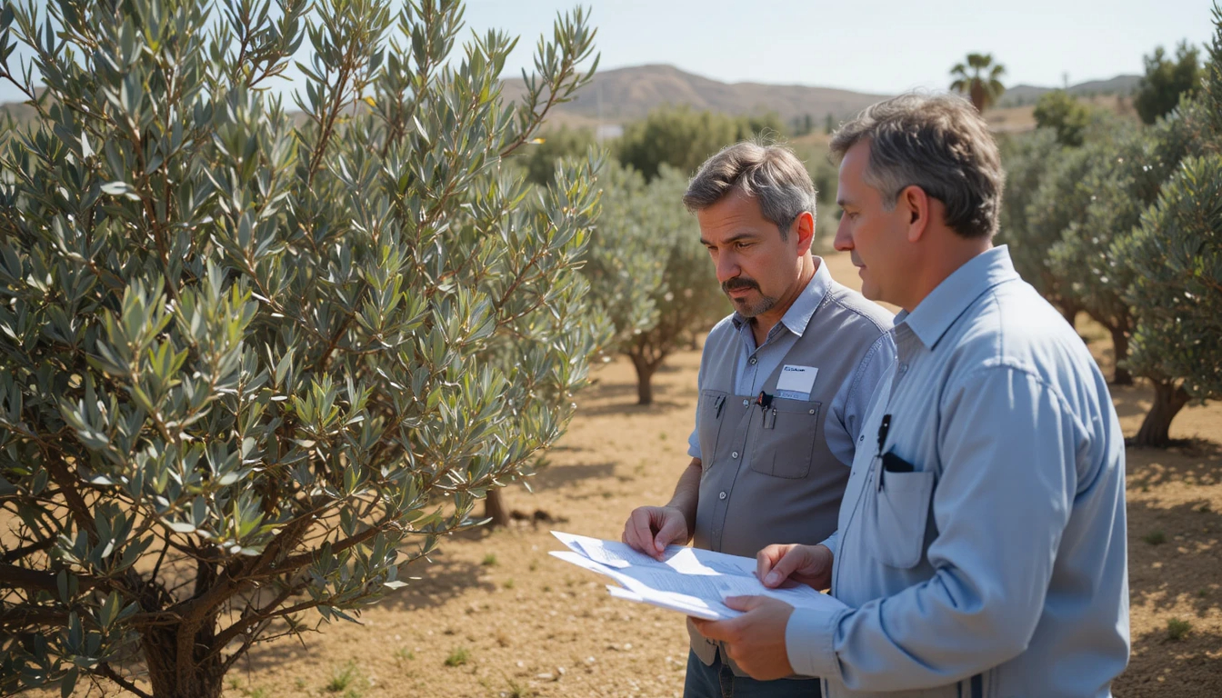 Professional Israeli agronomist examining drought-resistant olive trees in a Mediterranean garden setting