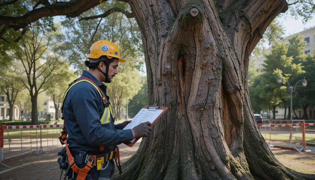 arborist examining a large mature tree with safety equipment