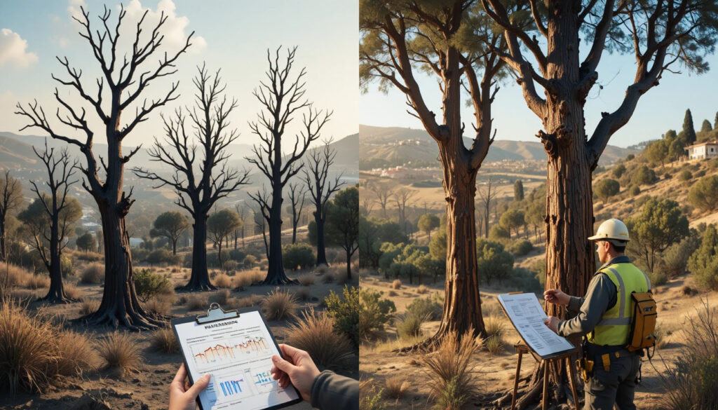 A professional split-scene illustration showing fire-damaged trees in an Israeli landscape left side depicts severely burned trees with charred bark and dead
