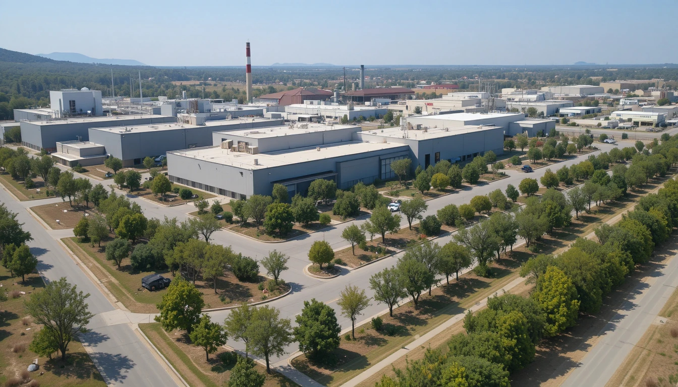 Industrial facility with mature trees creating a green buffer zone around manufacturing buildings