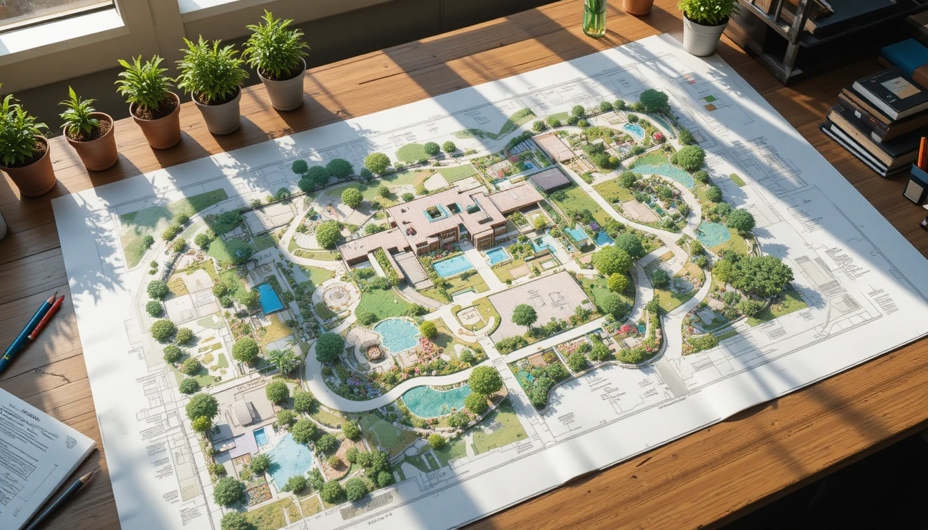 Professional landscape architecture blueprint spread on a wooden desk showing detailed garden planning with native Israeli trees, irrigation system diagrams,