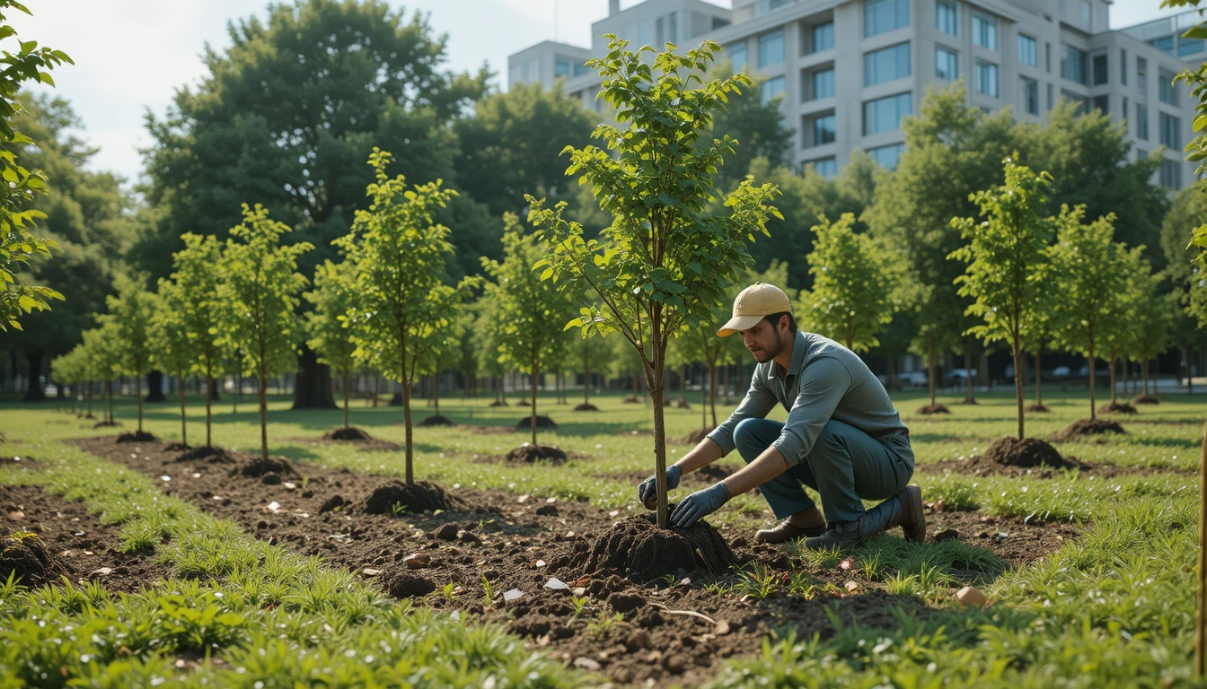 Professional landscape showing skilled arborist planting young healthy trees in urban setting