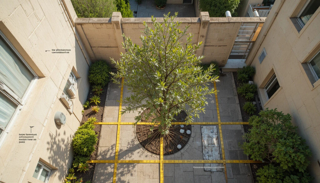 Professional overhead view of small urban courtyard with young Mediterranean tree