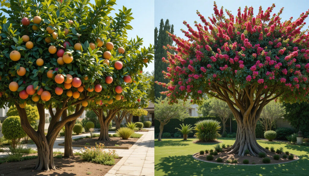 Split composition garden scene showing mature fruit trees laden with citrus and pomegranates on left side