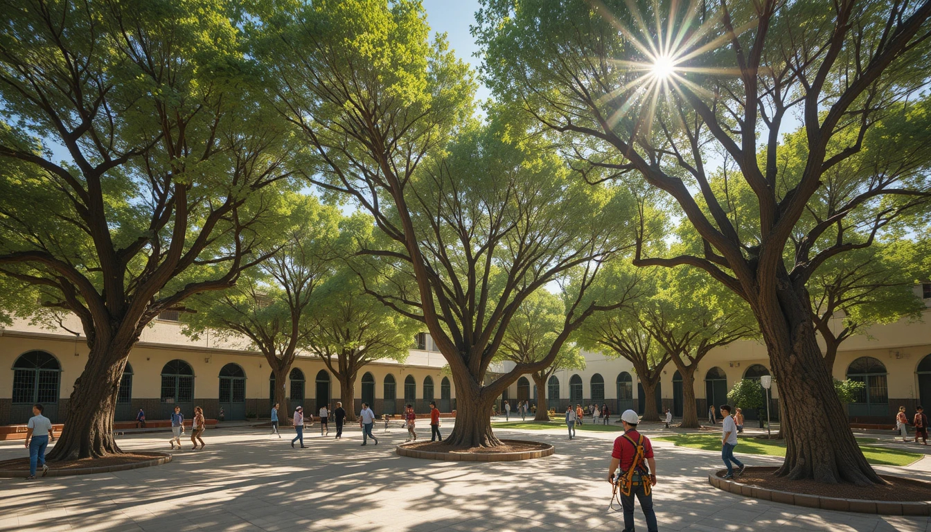 Wide-angle view of a safe school courtyard with mature shade trees, children playing safely beneath healthy tree canopy