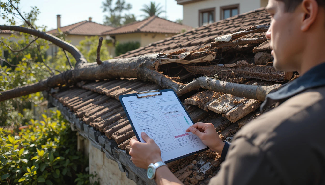 professional documentation scene showing a fallen tree branch that has damaged a residential roof