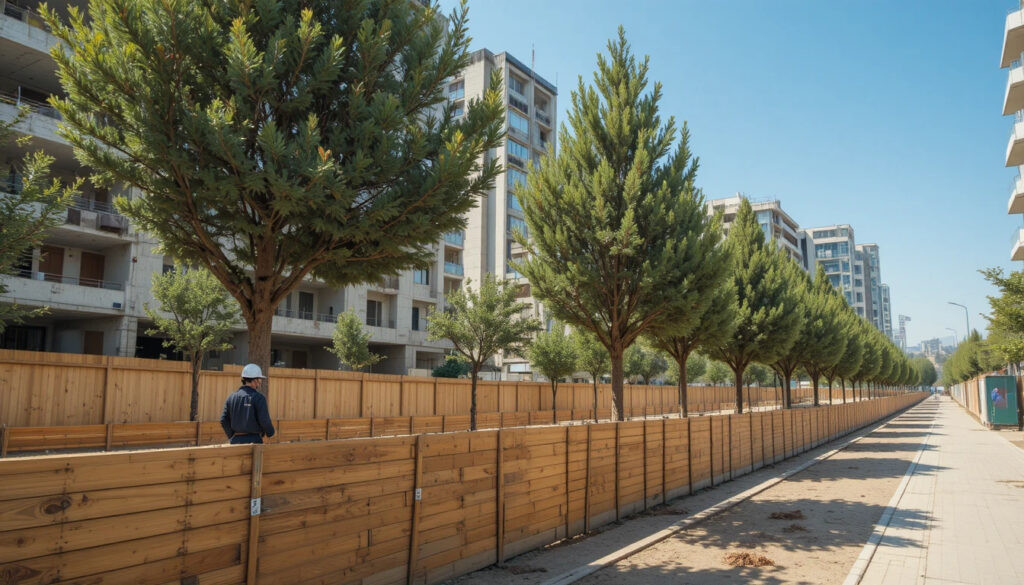 Urban renewal construction site with mature trees protected by wooden barriers