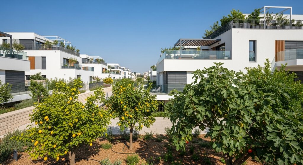 נוף אכיל שילוב עצי פרי בתכנון אדריכלי מודרני