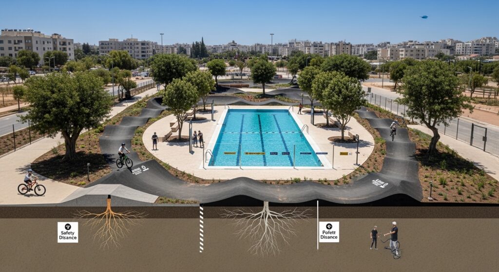 עצים בפארקי אקסטרים וספורט תכנון מסלולי אופניים ובריכות