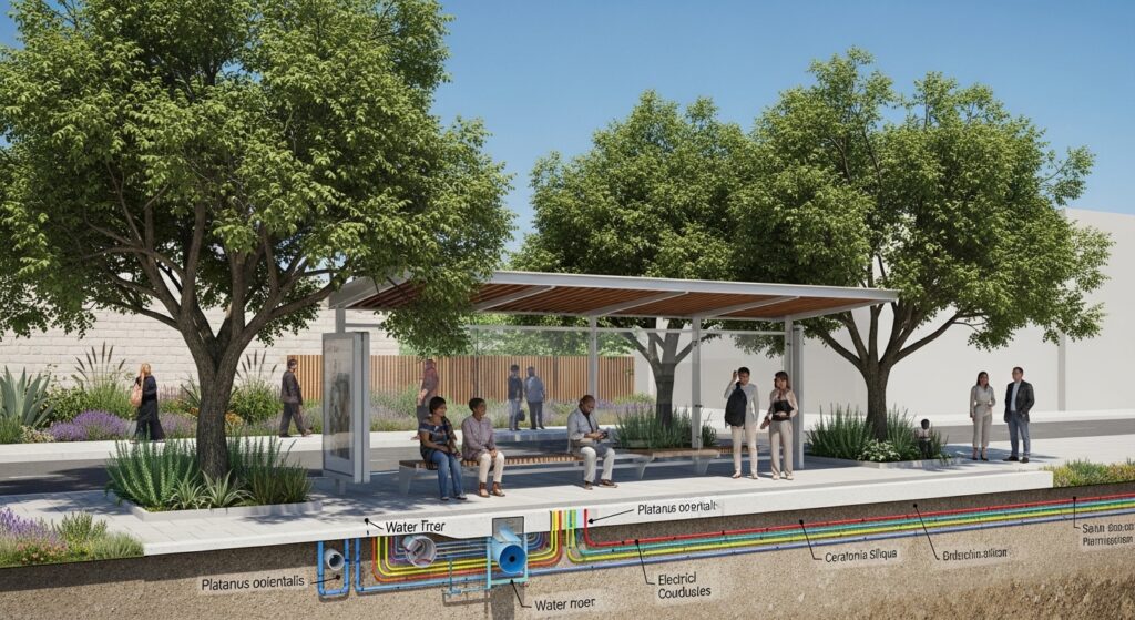 עצים ותחבורה ציבורית תכנון תחנות אוטובוס עם צל טבעי