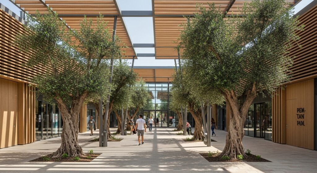 עצים במרכזי קניות חדשים עיצוב חנויות עם חשיפה טבעית