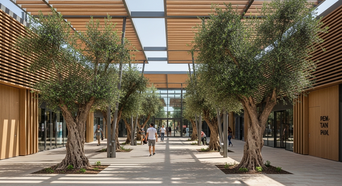 עצים במרכזי קניות חדשים עיצוב חנויות עם חשיפה טבעית