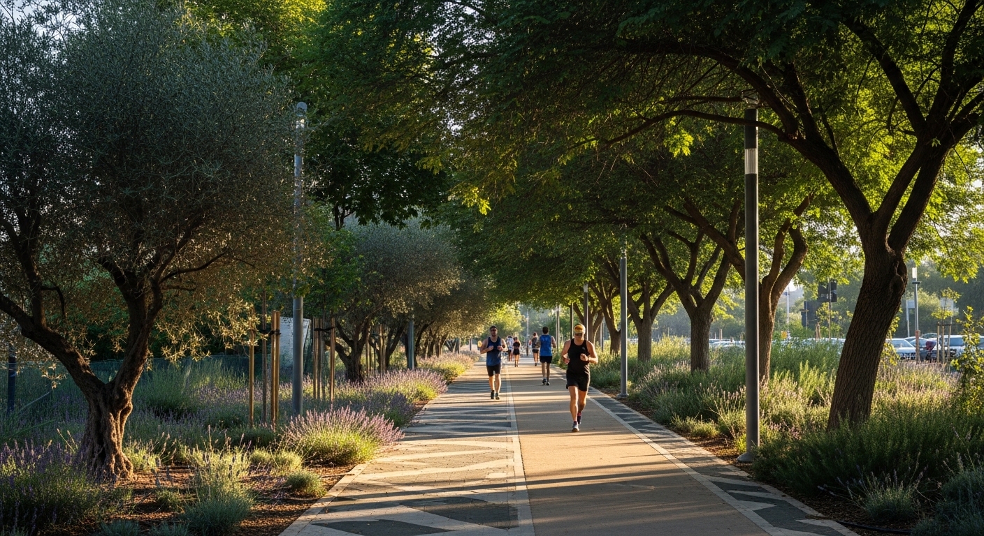 עצים בשבילי ריצה ופיתוח תרמי עיצוב מסלולי ספורט מוצל בישראל