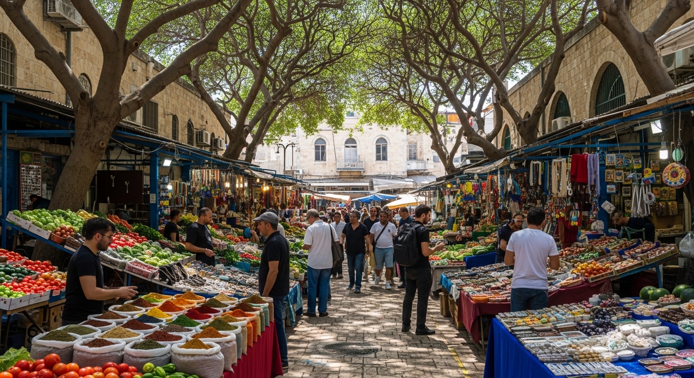 עצים בשווקים ובזארים צל טבעי לרוכלים ולקונים