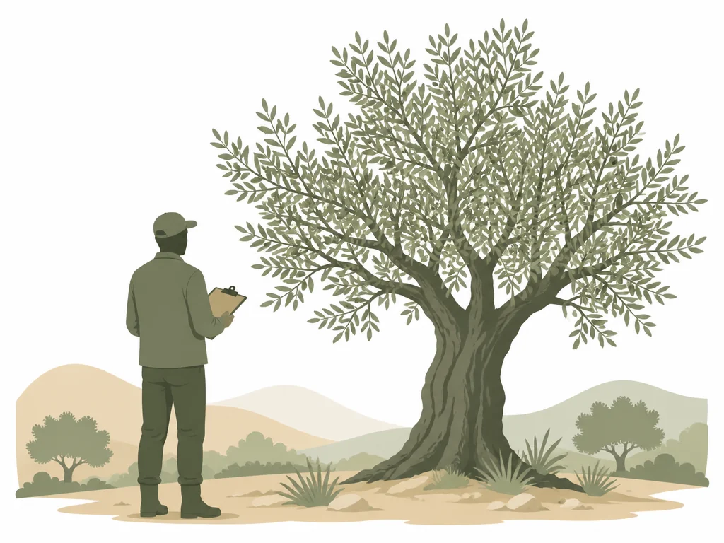 צללית אגרונומית מנוסה עם לוח כתיבה לצד עץ בוגר מומחיות של 30 שנה