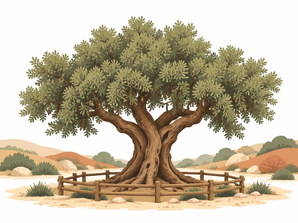 עץ עתיק בודד עם גדר הגנה בנוף ים-תיכוני - שמירת עצים נדירים בישראל