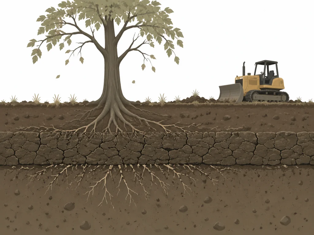 חתך קרקע המראה שכבת דחיסה החונקת שורשי עץ ליד ציוד בנייה